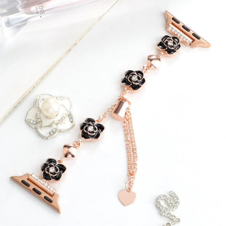 For Apple Watch 42mm Camellia Metal Chain Bracelet Watch Band(Black Rose Gold) by bashfashion
