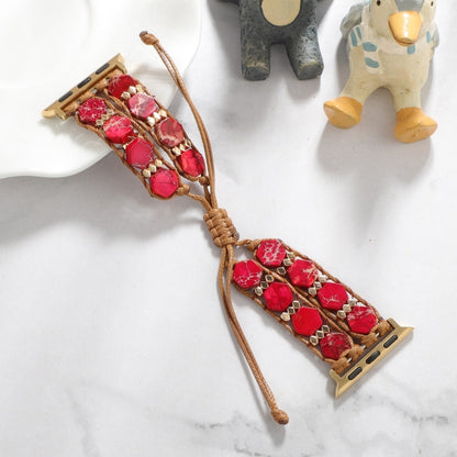 For Apple Watch 38mm Hexagonal Stones Drawstring Chain Watch Band(Red) by bashfashion