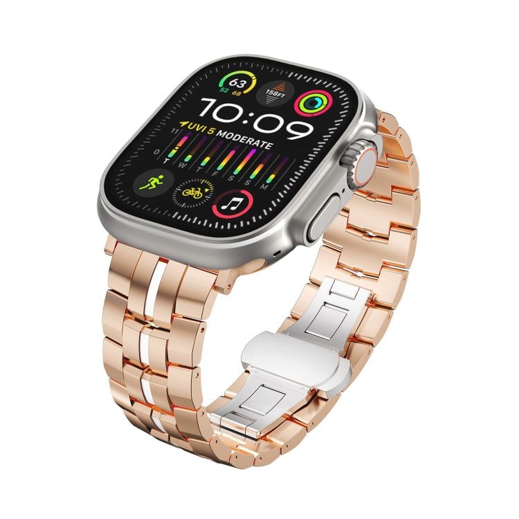 For Apple Watch Ultra 49mm Butterfly Buckle 5-Beads Metal Watch Band(Rose Gold White) by bashfashion