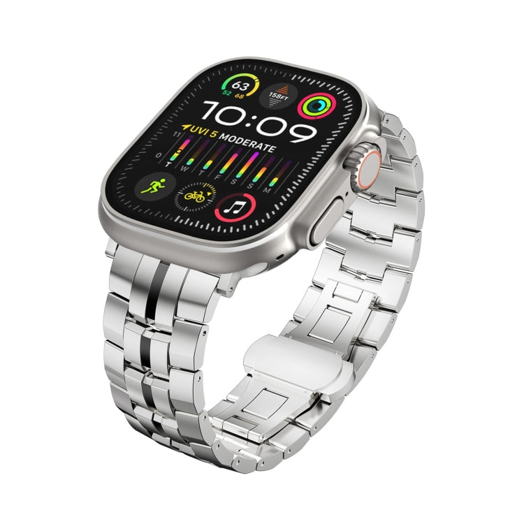For Apple Watch Ultra 49mm Butterfly Buckle 5-Beads Metal Watch Band(Silver Black) by bashfashion