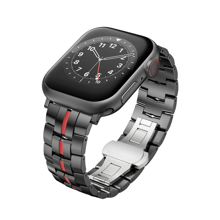 For Apple Watch SE 2022 44mm Butterfly Buckle 5-Beads Metal Watch Band(Black Red) by bashfashion