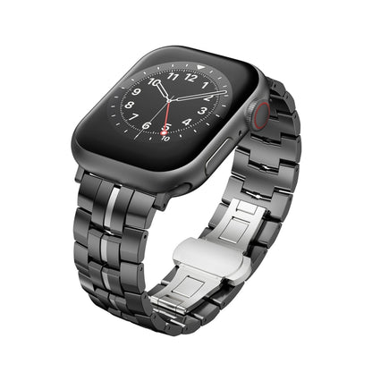 For Apple Watch SE 2022 44mm Butterfly Buckle 5-Beads Metal Watch Band(Black Silver) by bashfashion