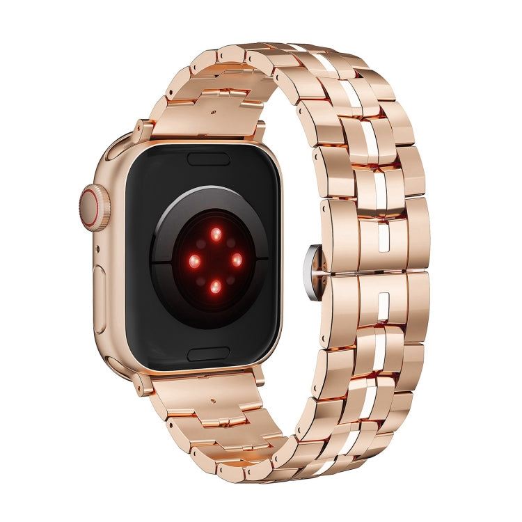 For Apple Watch SE 44mm Butterfly Buckle 5-Beads Metal Watch Band(Rose Gold White) by bashfashion