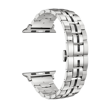 For Apple Watch SE 44mm Butterfly Buckle 5-Beads Metal Watch Band(Silver Black) by bashfashion