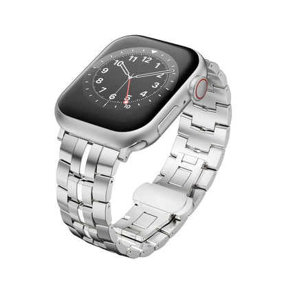 For Apple Watch SE 44mm Butterfly Buckle 5-Beads Metal Watch Band(Silver White) by bashfashion