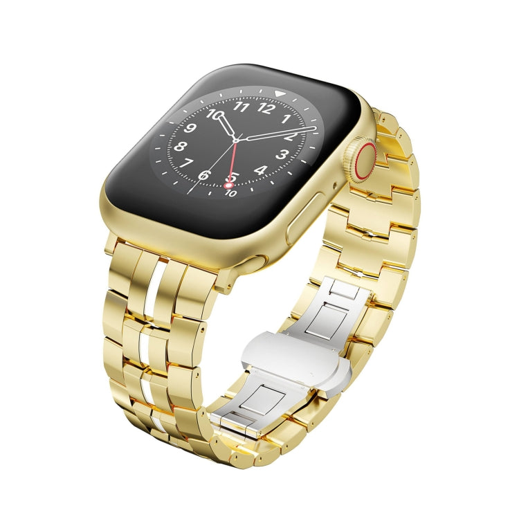 For Apple Watch 38mm Butterfly Buckle 5-Beads Metal Watch Band(Gold White) by bashfashion