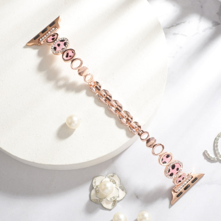 For Apple Watch SE 2023 44mm Leopard Rhinestones Metal Chain Watch Band(Rose Gold) by bashfashion