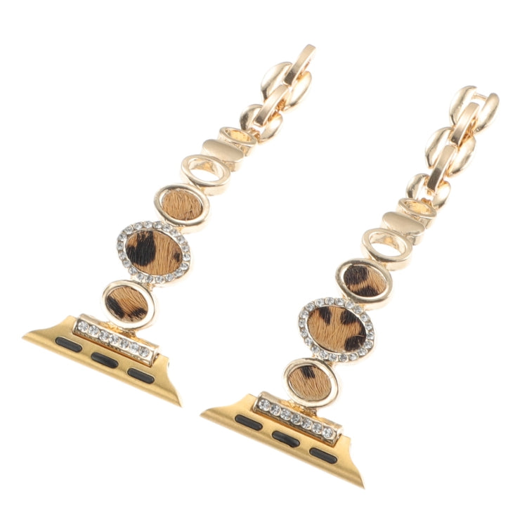 For Apple Watch Series 9 41mm Leopard Rhinestones Metal Chain Watch Band(Gold) by bashfashion