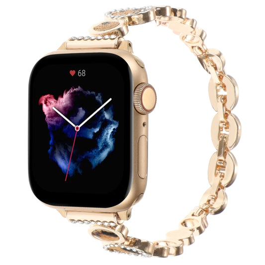 For Apple Watch Series 8 45mm Leopard Rhinestones Metal Chain Watch Band(Gold) by bashfashion
