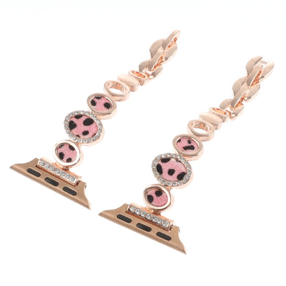 For Apple Watch Series 7 45mm Leopard Rhinestones Metal Chain Watch Band(Rose Gold) by bashfashion