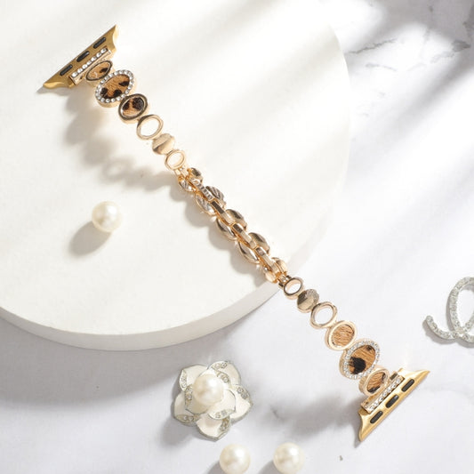 For Apple Watch Series 4 40mm Leopard Rhinestones Metal Chain Watch Band(Gold) by bashfashion