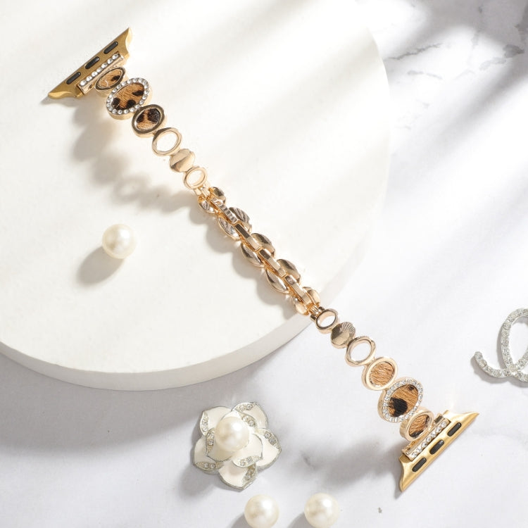 For Apple Watch Series 2 38mm Leopard Rhinestones Metal Chain Watch Band(Gold) by bashfashion