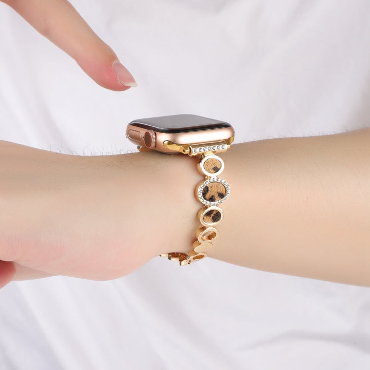 For Apple Watch 38mm Leopard Rhinestones Metal Chain Watch Band(Gold) by bashfashion