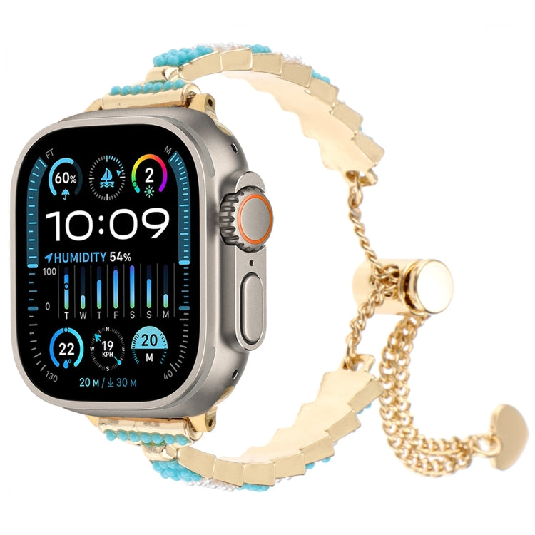 For Apple Watch Ultra 49mm Shell Beads Chain Bracelet Metal Watch Band(Blue White Gold) by bashfashion