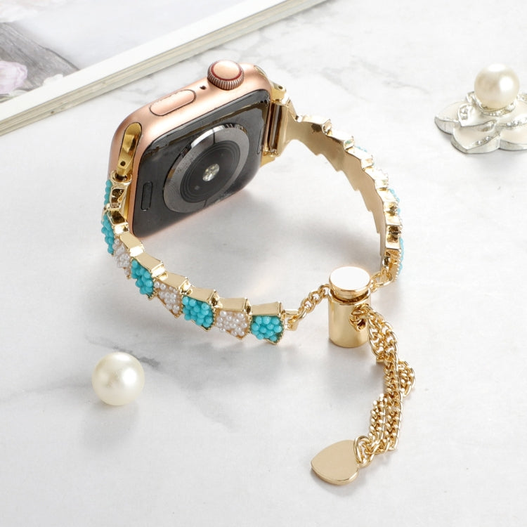 For Apple Watch Ultra 49mm Shell Beads Chain Bracelet Metal Watch Band(Blue White Gold) by bashfashion