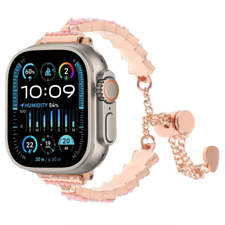 For Apple Watch Ultra 49mm Shell Beads Chain Bracelet Metal Watch Band(Pink White Rose Gold) by bashfashion