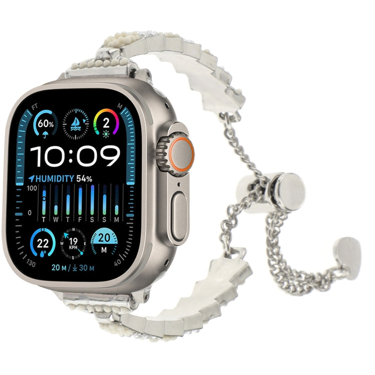 For Apple Watch Ultra 49mm Shell Beads Chain Bracelet Metal Watch Band(Beige White Silver) by bashfashion