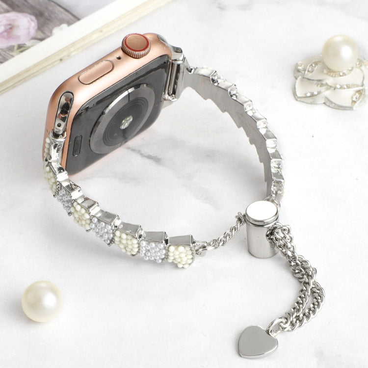 For Apple Watch Ultra 49mm Shell Beads Chain Bracelet Metal Watch Band(Beige White Silver) by bashfashion