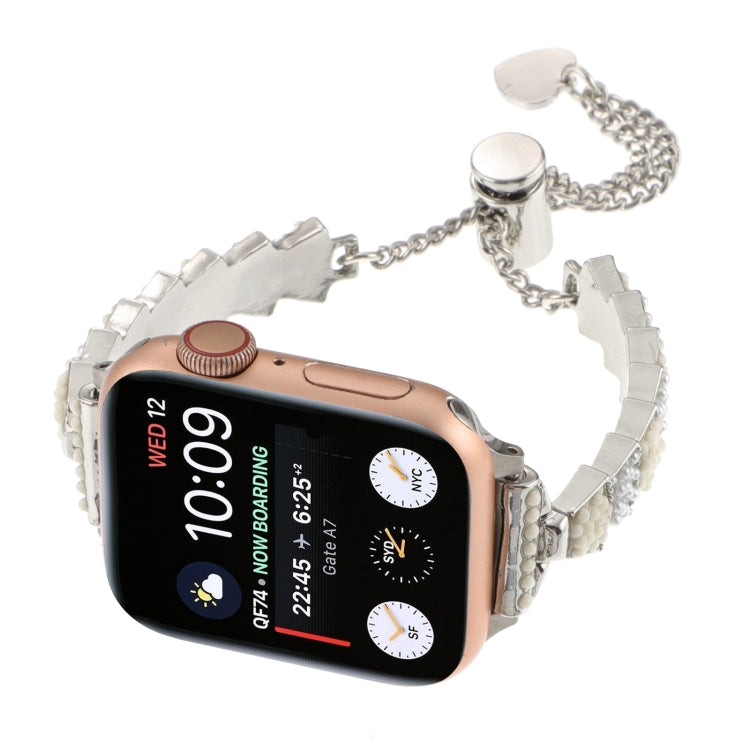 For Apple Watch Ultra 49mm Shell Beads Chain Bracelet Metal Watch Band(Beige White Silver) by bashfashion