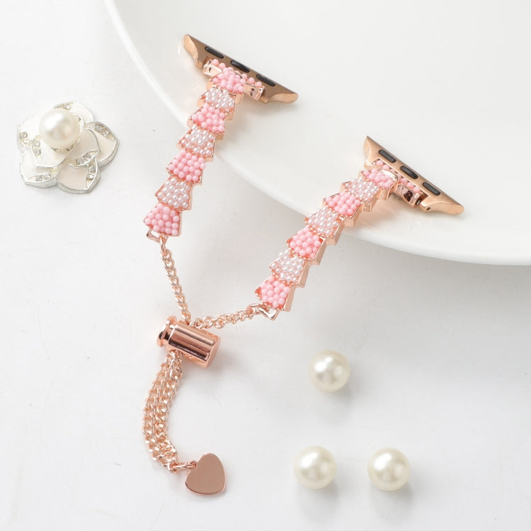 For Apple Watch Series 8 41mm Shell Beads Chain Bracelet Metal Watch Band(Pink White Rose Gold) by bashfashion