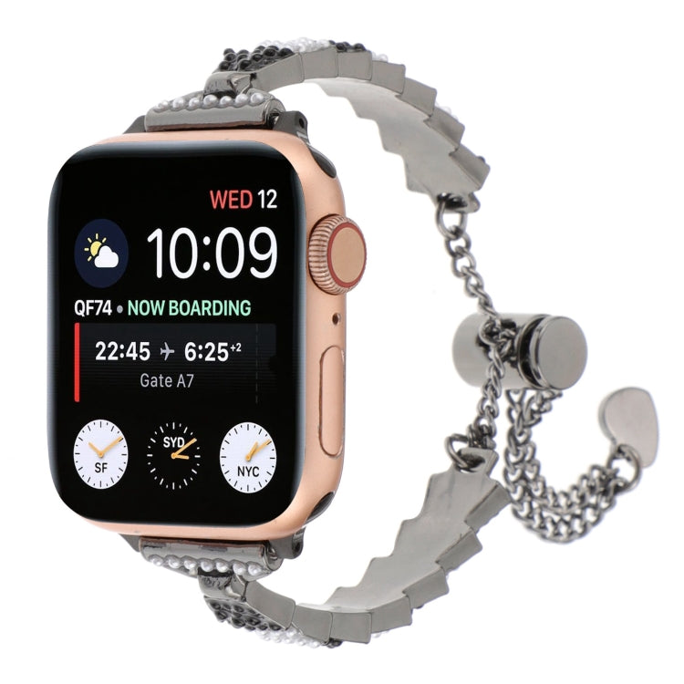 For Apple Watch Series 8 45mm Shell Beads Chain Bracelet Metal Watch Band(Black White) by bashfashion
