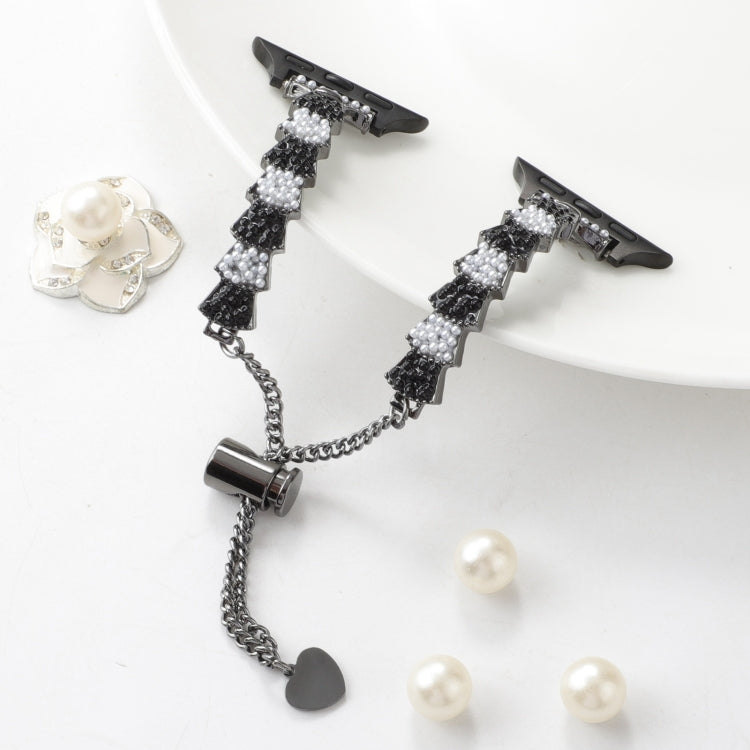 For Apple Watch Series 8 45mm Shell Beads Chain Bracelet Metal Watch Band(Black White) by bashfashion