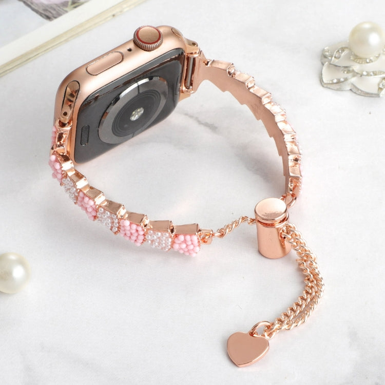 For Apple Watch SE 2022 40mm Shell Beads Chain Bracelet Metal Watch Band(Pink White Rose Gold) by bashfashion