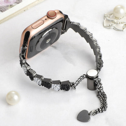 For Apple Watch Series 6 44mm Shell Beads Chain Bracelet Metal Watch Band(Black White) by bashfashion