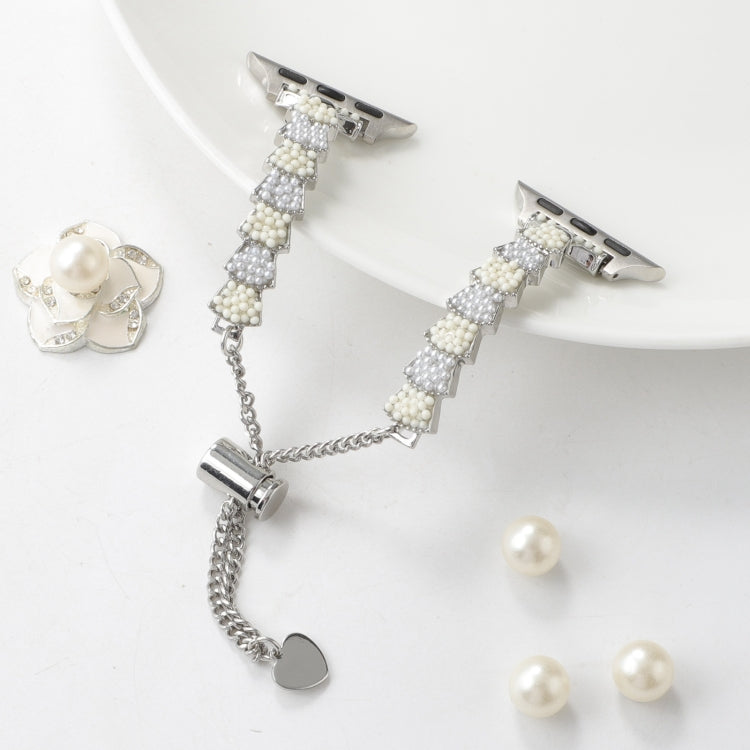 For Apple Watch Series 3 42mm Shell Beads Chain Bracelet Metal Watch Band(Beige White Silver) by bashfashion