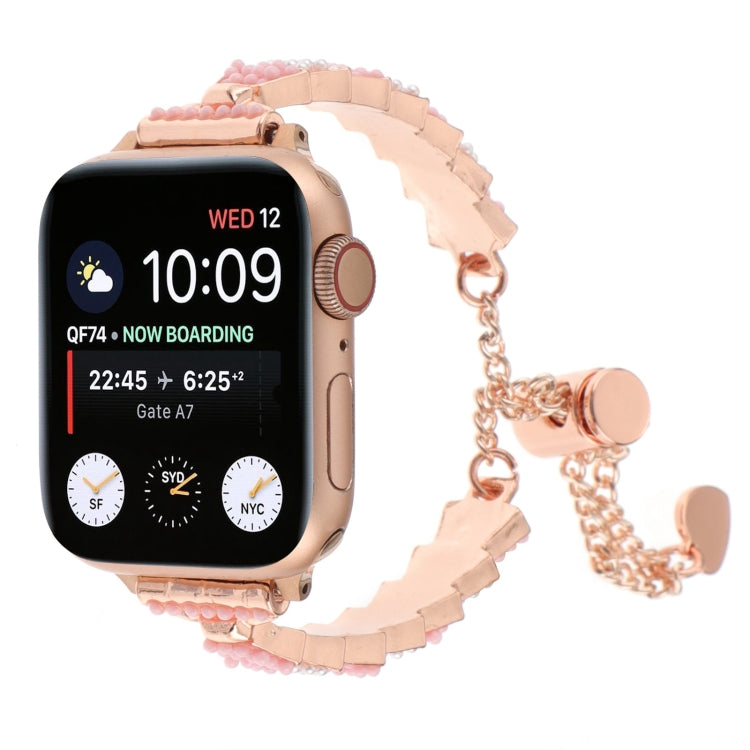 For Apple Watch 38mm Shell Beads Chain Bracelet Metal Watch Band(Pink White Rose Gold) by bashfashion