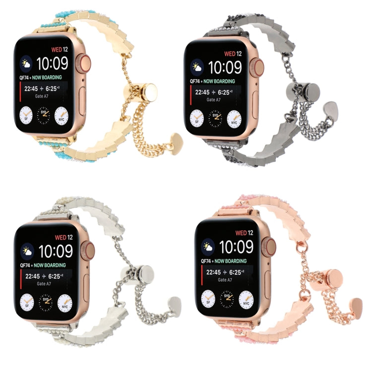 For Apple Watch Series 9 45mm Shell Beads Chain Bracelet Metal Watch Band(Pink White Rose Gold) by bashfashion