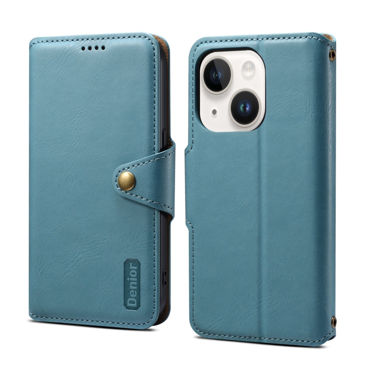 For iPhone 15 Plus Denior Cowhide Texture Wallet Style Leather Phone Case(Blue) by Denior