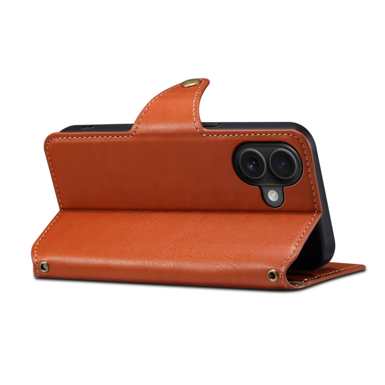 For iPhone 16 Plus Denior Cowhide Texture Wallet Style Leather Phone Case(Brown) by Denior