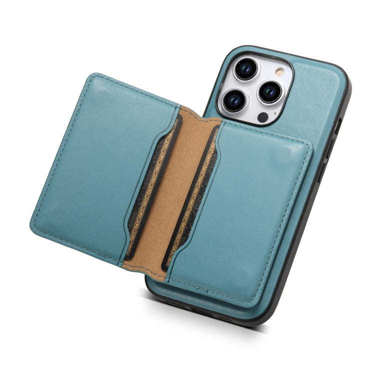 For iPhone 14 Plus Denior Cowhide Texture Leather MagSafe Detachable Wallet Phone Case(Blue) by Denior