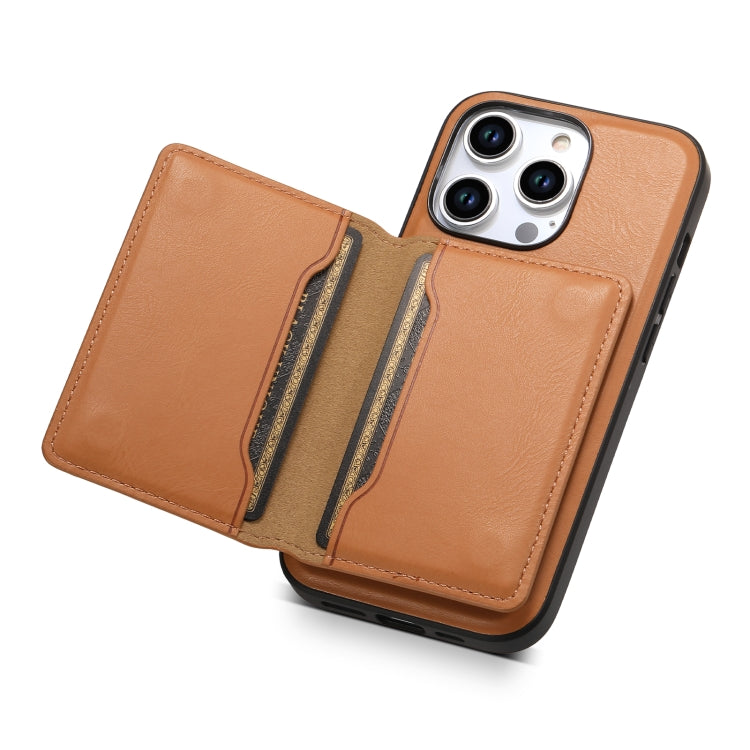 For iPhone 14 Pro Max Denior Cowhide Texture Leather MagSafe Detachable Wallet Phone Case(Khaki) by Denior