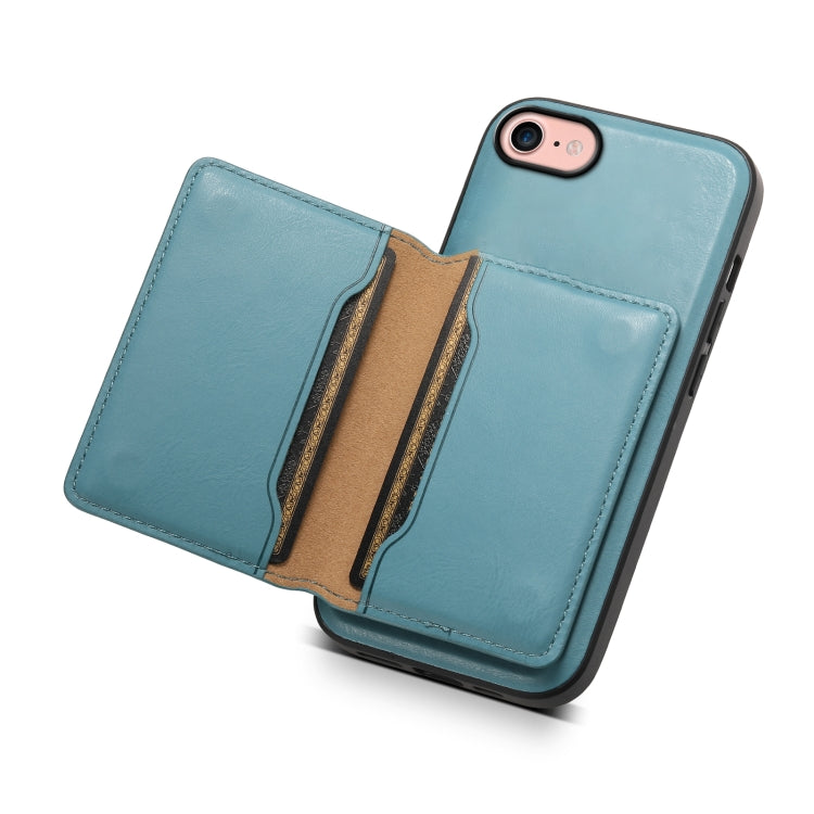 For iPhone SE 2022/2020/8/7 Denior Cowhide Texture Leather MagSafe Detachable Wallet Phone Case(Blue) by Denior