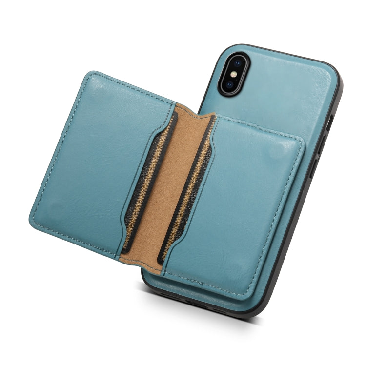 For iPhone X / XS Denior Cowhide Texture Leather MagSafe Detachable Wallet Phone Case(Blue) by Denior