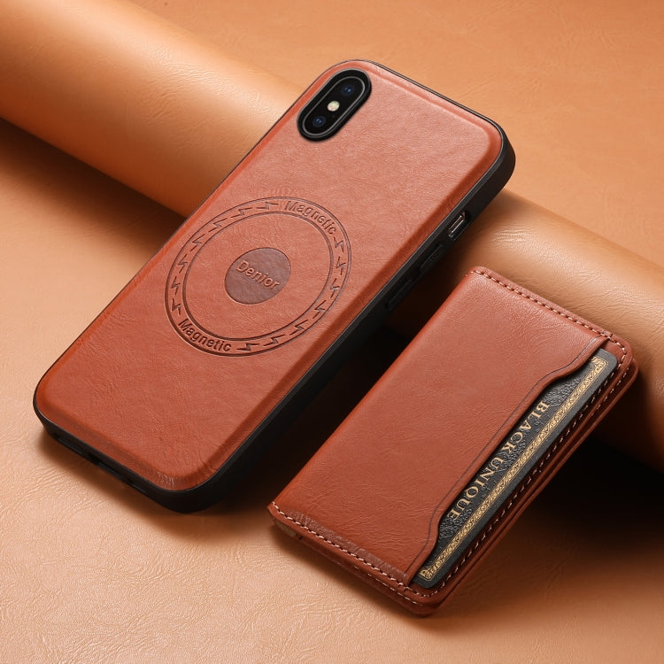 For iPhone X / XS Denior Cowhide Texture Leather MagSafe Detachable Wallet Phone Case(Brown) by Denior