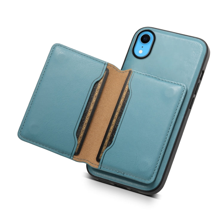 For iPhone XR Denior Cowhide Texture Leather MagSafe Detachable Wallet Phone Case(Blue) by Denior