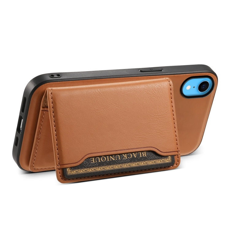 For iPhone XR Denior Cowhide Texture Leather MagSafe Detachable Wallet Phone Case(Khaki) by Denior