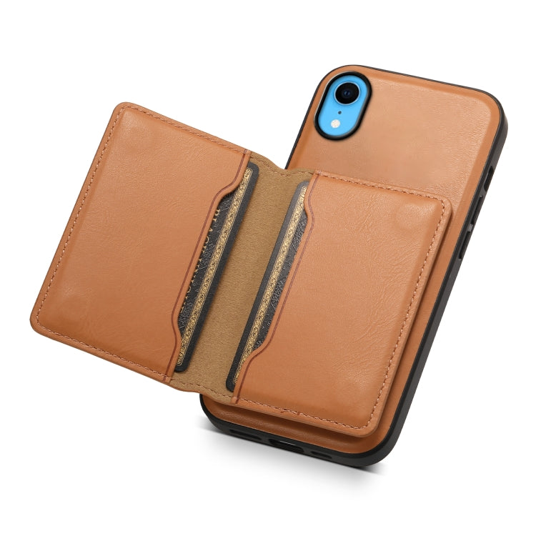 For iPhone XR Denior Cowhide Texture Leather MagSafe Detachable Wallet Phone Case(Khaki) by Denior