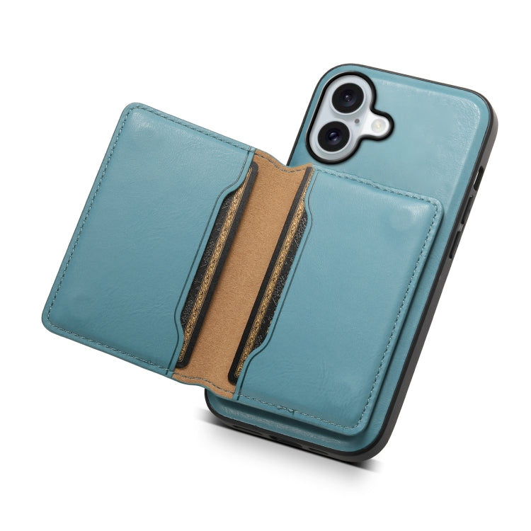 For iPhone 16 Denior Cowhide Texture Leather MagSafe Detachable Wallet Phone Case(Blue) by Denior