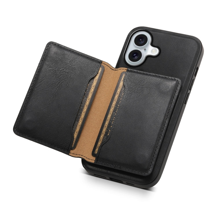 For iPhone 16 Plus Denior Cowhide Texture Leather MagSafe Detachable Wallet Phone Case(Black) by Denior