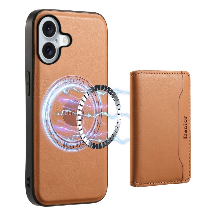 For iPhone 16 Plus Denior Cowhide Texture Leather MagSafe Detachable Wallet Phone Case(Khaki) by Denior