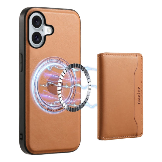 For iPhone 16 Plus Denior Cowhide Texture Leather MagSafe Detachable Wallet Phone Case(Khaki) by Denior