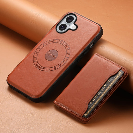 For iPhone 16 Plus Denior Cowhide Texture Leather MagSafe Detachable Wallet Phone Case(Brown) by Denior