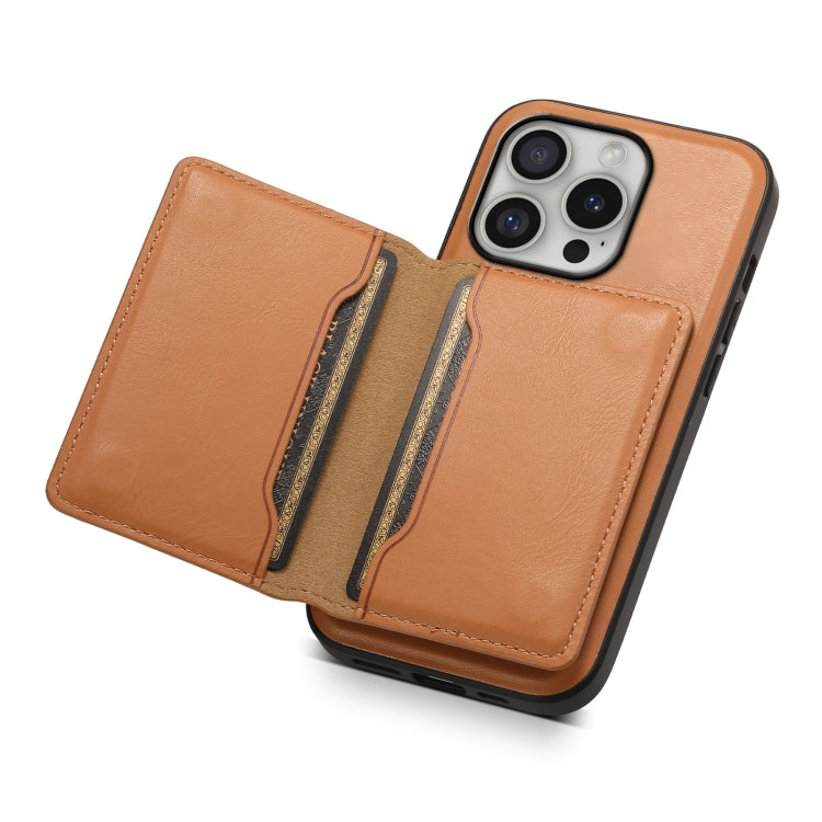 For iPhone 16 Pro Denior Cowhide Texture Leather MagSafe Detachable Wallet Phone Case(Khaki) by Denior