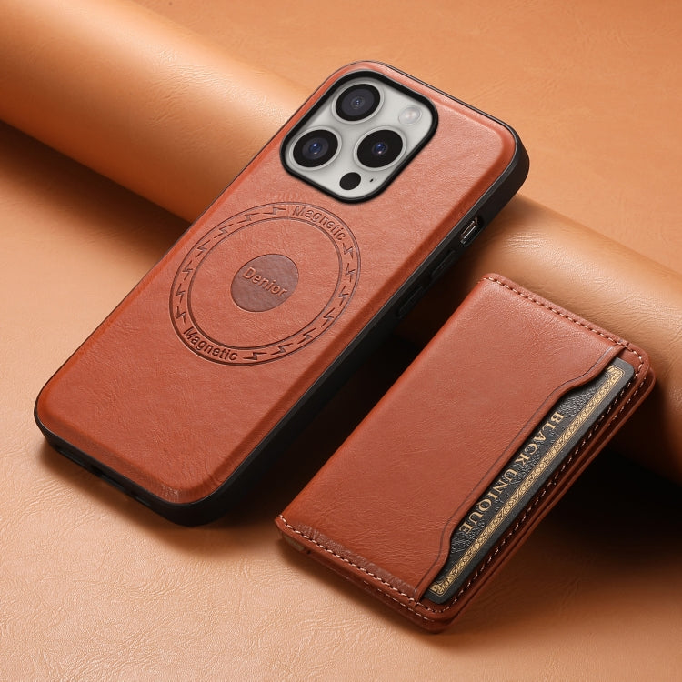 For iPhone 16 Pro Denior Cowhide Texture Leather MagSafe Detachable Wallet Phone Case(Brown) by Denior