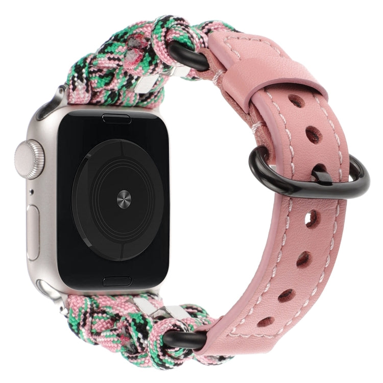 For Apple Watch SE 2023 44mm Paracord Genuine Leather Watch Band(Pink Camo) by bashfashion