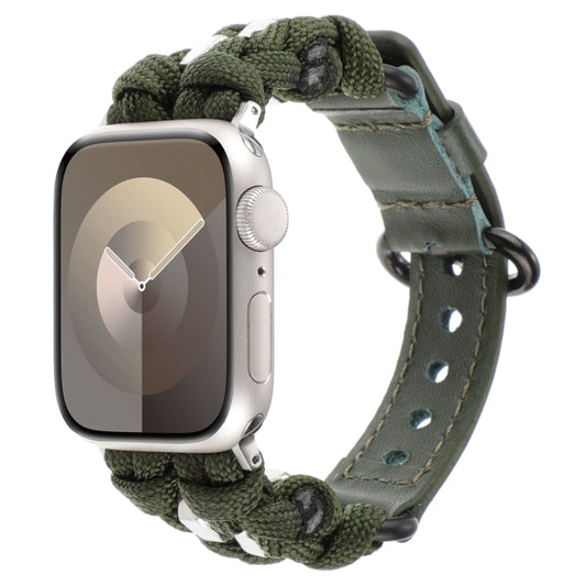 For Apple Watch Series 9 45mm Paracord Genuine Leather Watch Band(Army Green) by bashfashion